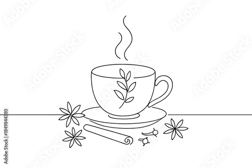 Herbal Tea Ceremony. Warm herbal tea ceremony on a wooden table with winter spices. Minimalistic one-line