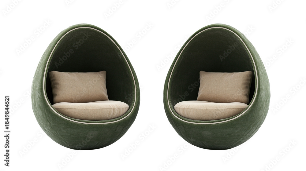 Fototapeta premium Isolated pair of modern olive green egg chairs against a stark black background