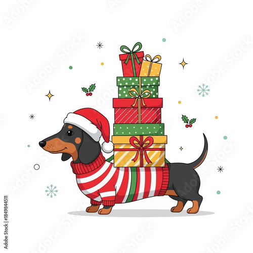 Cute dachshund dog wearing a festive Santa hat and sweater with a stack of colorful gift boxes for
