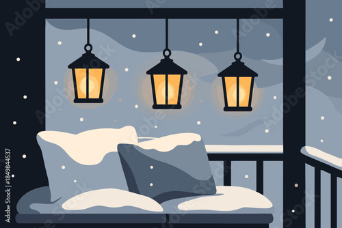 Cozy Lantern-lit Balcony. Warm light in cold air. Lanterns hang from the balcony frame, bright against