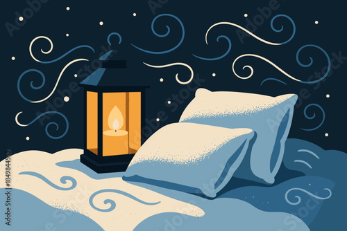 Lantern-Illuminated Frost. Snow-kissed comfort zone. Lantern light reflects on frosty pillows, with soft
