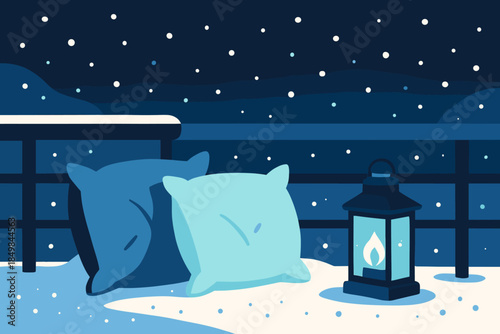 Snowy Lantern Retreat. Silent snowy hideout. Thick fuzzy pillows rest against the railing, lantern flames