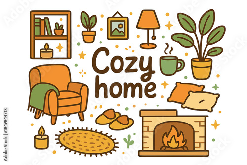 Cozy Home Vibes. Cozy home. Hand-drawn doodle illustration of cozy home. Armchair, throw blanket, scented