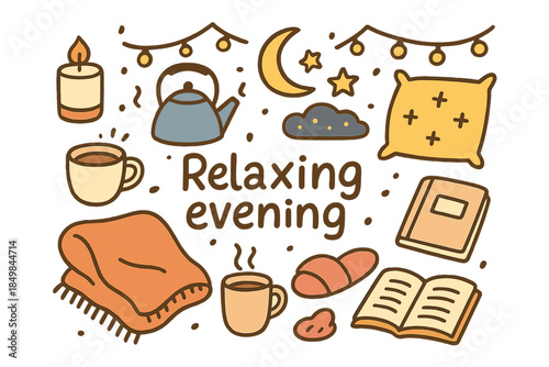 Cozy Evening Vibes. Relaxing evening. Hand-drawn doodle illustration of relaxing evening. Candle, soft blanket
