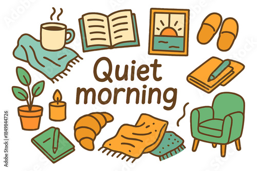Quiet Morning Doodle. Quiet morning. Hand-drawn doodle illustration of quiet morning. Coffee mug, open book,