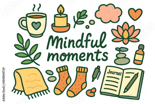 Mindful Doodle Elements. Mindful moments. Hand-drawn doodle illustration of mindful moments. Tea mug, candle,