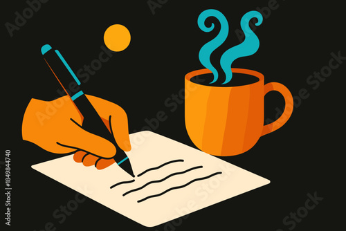 Cozy Writing Moment. Cozy handwritten moments. A pen glides over creamy paper while warm steam rises from a