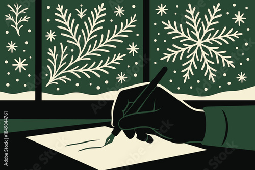 Winter Writer's Reflection. Snowy thoughts to paper. A writer’s hand hovers mid-stroke as frosty patterns draw