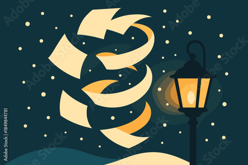 Whirling Paper Dance. Paper and snow harmony. Sheets glide softly in the air, forming a spiral illuminated by