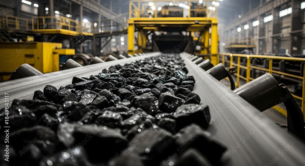 Obraz premium Industrial Coal Conveyor Belt Processing Raw Energy Resource.