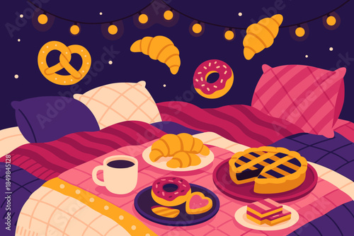 Cozy Indoor Picnic. Winter picnic indoors with layered blankets and treats. Pillows and quilts form a soft