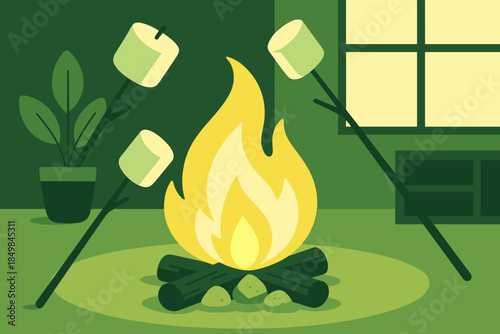 Cozy Indoor Campfire. Indoor campfire vibes. A faux flame flickers while marshmallows rise as if roasting