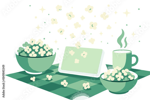 Movie Night Magic. Cozy movie-night picnic. A tablet screen glows as popcorn floats upward in a gentle arc,