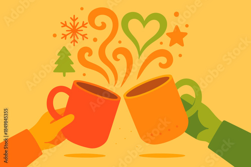 Cocoa Ritual Delight. Hot drinks ritual. Mugs clink mid-air, releasing swirls of cocoa steam shaped like