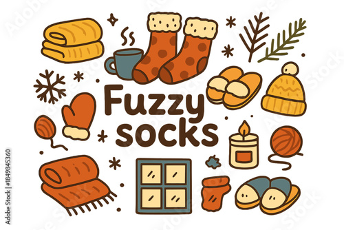 Cozy Winter Essentials. Fuzzy socks. Hand-drawn doodle illustration of fuzzy socks. Cozy socks, folded sweater