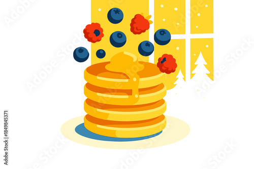 Floating Pancake Brunch. Indoor winter brunch. Pancakes and berries assemble themselves in a floating stack,