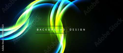 Abstract flowing lines, vibrant green, blue, yellow hues. Dark background creates dynamic visual effect. Modern design element.