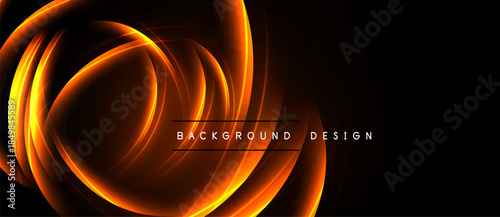 Abstract orange light curves swirl against black backdrop. Dynamic energy radiates from central point, creating modern visual impact.