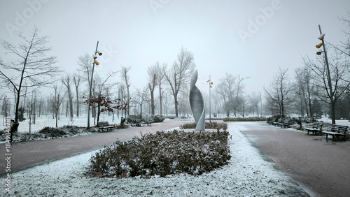 snowy winter in the city park in Novi Sad
