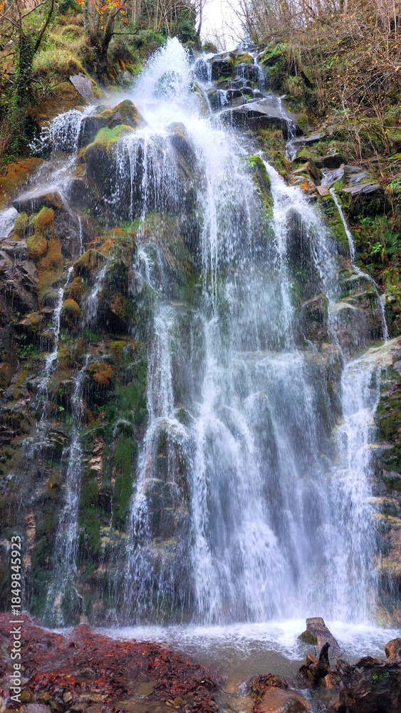 Obraz premium Waterfall in the forest in Asturias, photo of a beautiful waterfall in Spain high resolution photo. Cascada de Xurbeo