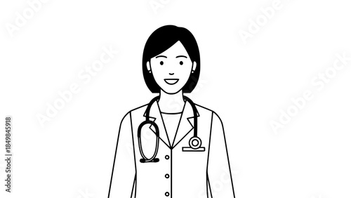 Flat vector illustration of a female doctor wearing white coat and stethoscope, friendly smile, professional posture, healthcare concept, clean background, modern flat design, isolated