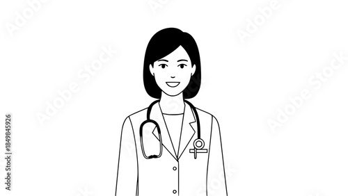 Flat vector illustration of a female doctor wearing white coat and stethoscope, friendly smile, professional posture, healthcare concept, clean background, modern flat design, isolated