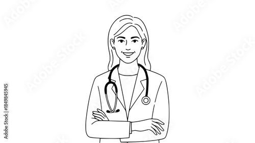 Flat vector illustration of a female doctor wearing white coat and stethoscope, friendly smile, professional posture, healthcare concept, clean background, modern flat design, isolated