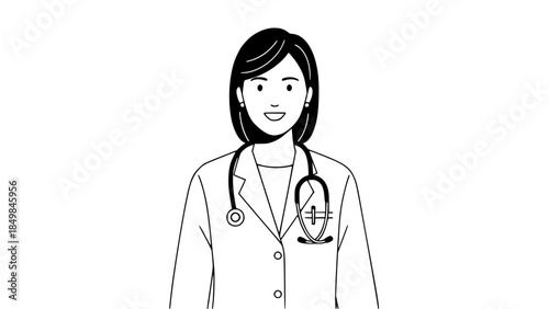 Flat vector illustration of a female doctor wearing white coat and stethoscope, friendly smile, professional posture, healthcare concept, clean background, modern flat design, isolated