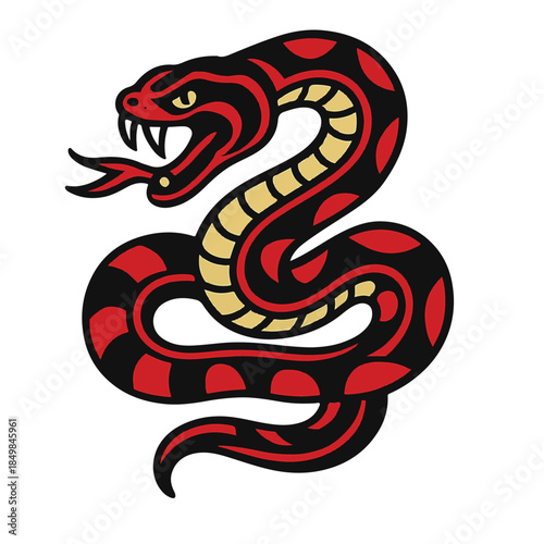 Vivid coiled snake illustration in black, red, and yellow with open mouth, fangs, and fierce gaze.
