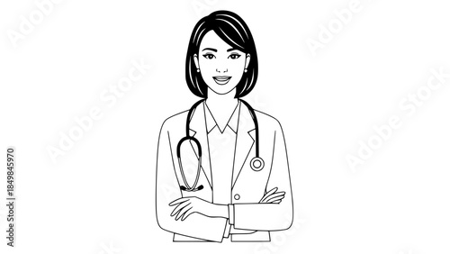 Flat vector illustration of a female doctor wearing white coat and stethoscope, friendly smile, professional posture, healthcare concept, clean background, modern flat design, isolated