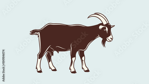 Brown Goat with Curved Horns Standing.