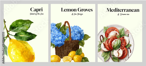 Italian poster with watercolor illustration of lemon, hydrangeas and Amalfi coast. Summer Mediterranean food basket with Caprese salad and lemon branches in vintage fram