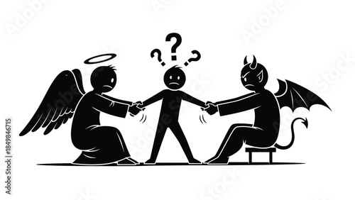 A person torn between good and evil, with an angel and a devil pulling in opposite directions, symbolizing inner conflict and moral dilemma.