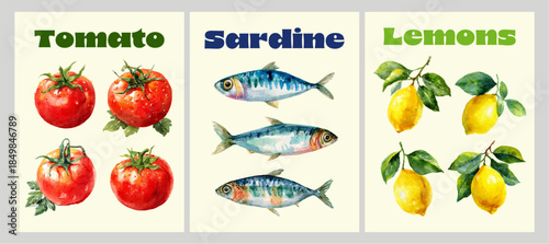 Italian coastal poster with fresh lemons, sardines, and tomatoes in watercolor style. Mediterranean summer food illustration featuring Amalfi Coast vibes and vintage postcard design.