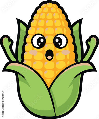 Cute cartoon corn character with surprised expression and green leaves