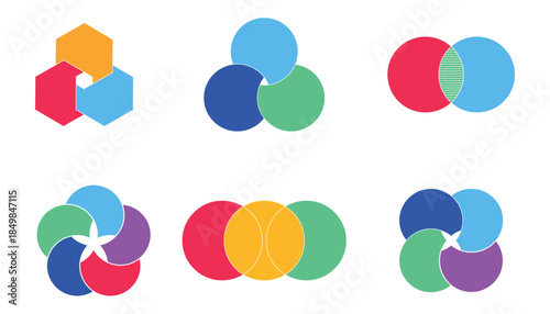 Graphical Venn diagram infographic sections. Overlapping circle shapes circles chart line set. Venn diagrams with overlapping circles, showing a common area, for infographic presentation