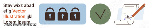Cybersecurity, data protection, authentication, document signing, privacy, secure access. Icons include padlocks, a checkmark and a document with a pen. Cybersecurity and data protection concept