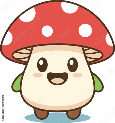 Cute cartoon mushroom creature with red cap and white spots smiling