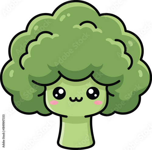Cute cartoon broccoli character with smiling face and rosy cheeks