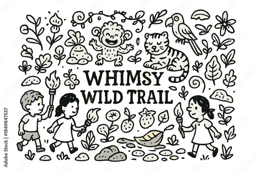 Fototapeta premium Whimsy Wild Adventure. WhimsyWildTrail.Hand-drawdoodleillustrationofWhimsyWildTrail.Kidswithtorches,glowplants