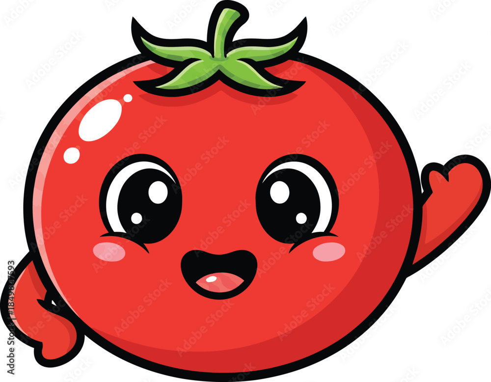 Fototapeta premium Cute cartoon tomato character with happy face and green leaves