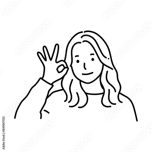 OKサインを出す女性のシンプル線画イラスト　モノクロ