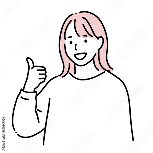 親指を立ててグッドサインを出す女性の線画イラスト