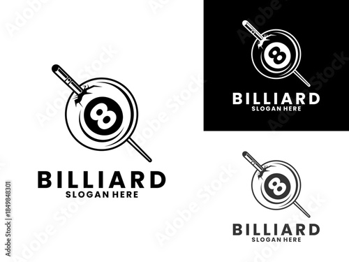 Billiard ball combination with billiard stick logo design vector template, Billiards logo icon design vector
