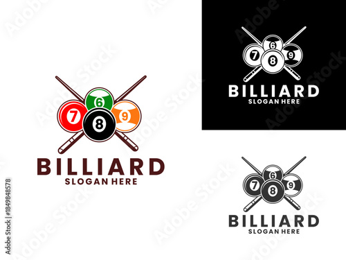 Four billiard balls with stick logo design vector. Billiards champion sport logo icon vector