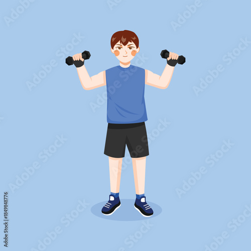 A flat illustration of a boy lifting dumbbells, symbolizing strength training, physical activity, and healthy daily habits.
