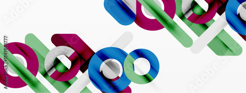 Abstract geometric shapes overlap, creating vibrant colorful design. Circles, rectangles intersect, forming modern pattern. Clean lines, bright hues dominate composition.