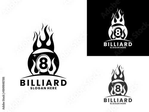 Billiard ball with fire logo design. Billiards logo vector template