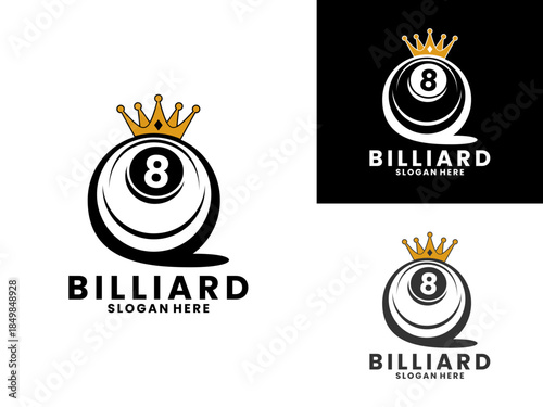 Billiard king with crown logo design vector template, Billiards sport icon design vector