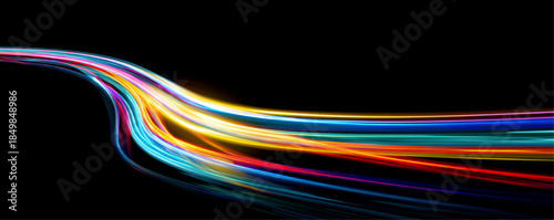 Bright neon speed lines curl along a night urban expressway. Glowing streaks create rapid motion and digital energy flow. Futuristic abstract illustration isolated in vector.